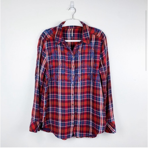Free People Embroidered Magical Plaid Buttondown Top - Picture 7 of 11